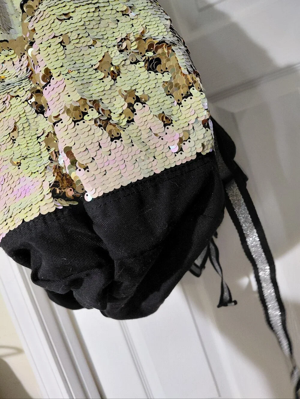 Victoria's Secret Pink Gold Black Iridescent Flip Sequin Bling Campus Backpack